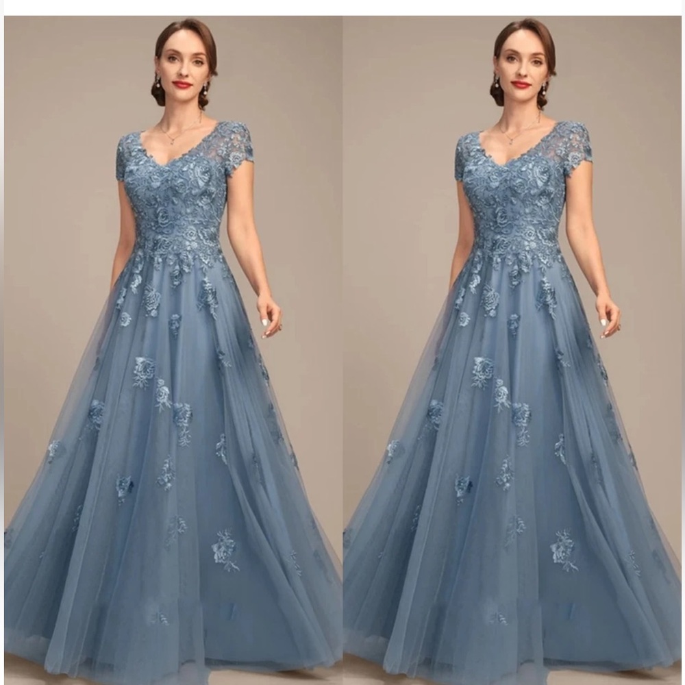 Blue Short Sleeves Appliques Lace Tulle Mother Of Bride long formal dress sz 12